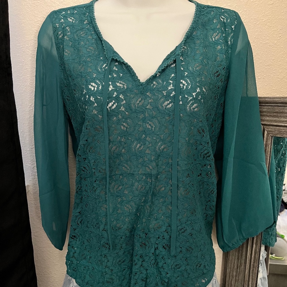 Lucky Brand Sheer Green Blouse XS